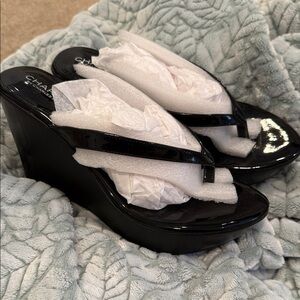 Charles David Glossy Black Wedge Sandals